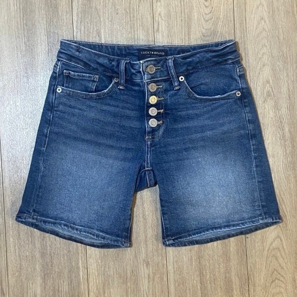 Lucky Brand The Roll Up Women's Blue Denim Shorts Button Fly Size 0/25 Mid Rise
